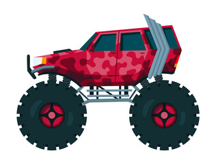 Monster truck. Bright colorful cartoon auto with big wheels. Heavy car with large tires and black tinted windows. Isolated rally 4x4 computer or mobile game © designer_things
