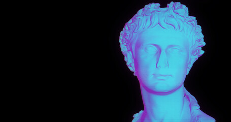 3D illustration of head of statue overlay with pixel effect and glitch noise. Neon colors ultraviolet and white. Concept for Arts and blockchain system, the NFT Non-fungible tokens and Arts. AI Artist