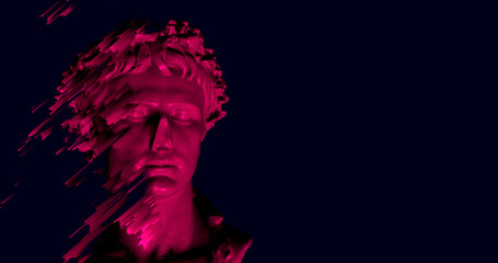 3D illustration of head of statue overlay with pixel effect and glitch noise. Neon colors ultraviolet and white. Concept for Arts and blockchain system, the NFT Non-fungible tokens and Arts. AI Artist