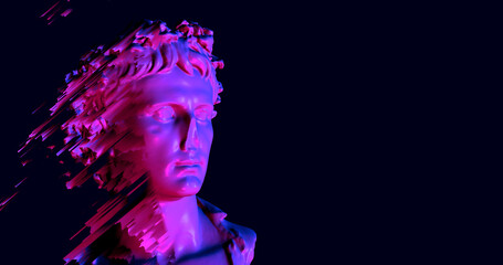 3D illustration of head of statue overlay with pixel effect and glitch noise. Neon colors...