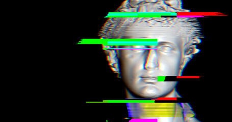 3D model of a roman statue head with glitch effect over. Glitch and noise over greek statue....