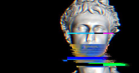 3D model of a roman statue head with glitch effect over. Glitch and noise over greek statue. Vaporwave colors and mood with techonology digital noise.
Classical statue head.