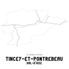 TINCEY-ET-PONTREBEAU Val-d'Oise. Minimalistic street map with black and white lines.