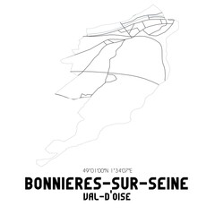 BONNIERES-SUR-SEINE Val-d'Oise. Minimalistic street map with black and white lines.