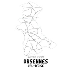 ORSENNES Val-d'Oise. Minimalistic street map with black and white lines.