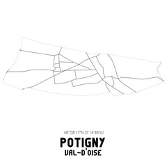 POTIGNY Val-d'Oise. Minimalistic street map with black and white lines.