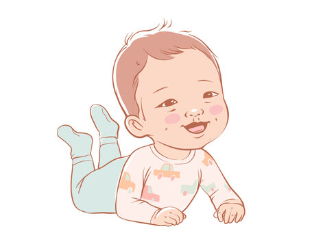 Cute baby boy lying down and laughing. Active baby of 3-12 months dressed in baby clothes. First years baby development. Caucasian ethnicity child. Vector illustration in pastel colors.