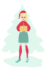 Young woman in a red sweater and a plaid skirt in a santa claus hat with a New Year's gift on background of the Christmas tree. Funny cartoon character is preparing for Christmas.The girl gives a gift