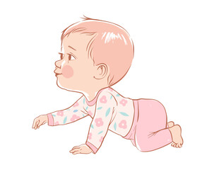 Cute brown hairead baby boy crawling. Active baby of 3-12 months dressed in baby clothes. First years baby development. Vector illustration in pastel colors.