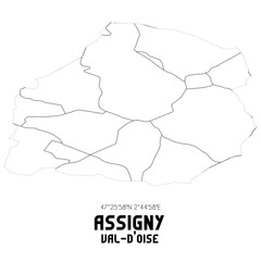 ASSIGNY Val-d'Oise. Minimalistic street map with black and white lines.
