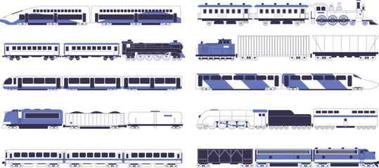 Set of various trains and locomotives. Modern and old, passenger and cargo.