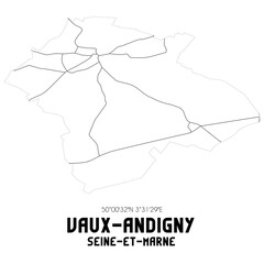 VAUX-ANDIGNY Seine-et-Marne. Minimalistic street map with black and white lines.