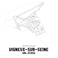 VIGNEUX-SUR-SEINE Val-d'Oise. Minimalistic street map with black and white lines.