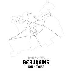 BEAURAINS Val-d'Oise. Minimalistic street map with black and white lines.