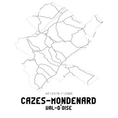 CAZES-MONDENARD Val-d'Oise. Minimalistic street map with black and white lines.