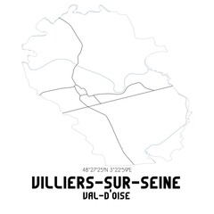 VILLIERS-SUR-SEINE Val-d'Oise. Minimalistic street map with black and white lines.