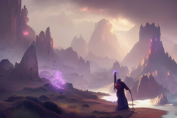 A 3d digital rendering of a fantasy landscape with a wizard casting a purple lightning spell.