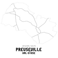 PREUSEVILLE Val-d'Oise. Minimalistic street map with black and white lines.