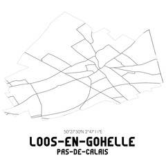 LOOS-EN-GOHELLE Pas-de-Calais. Minimalistic street map with black and white lines.