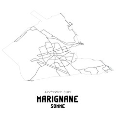 MARIGNANE Somme. Minimalistic street map with black and white lines.