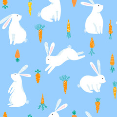 Rabbit and carrot seamless pattern on blue. Easter texture - 545534516