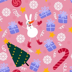 Winter seamless snowman and snowflakes pattern for Christmas wrapping paper and kids notebooks