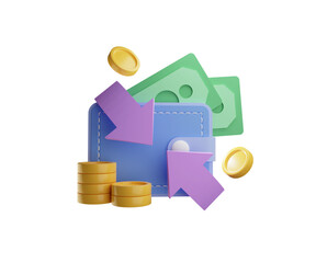 Cashback and money 3d render. Front view. Refund icon concept. Wallet, dollar bill and coin stack, online payment on isolate white background. Online shopping. Money transfer.