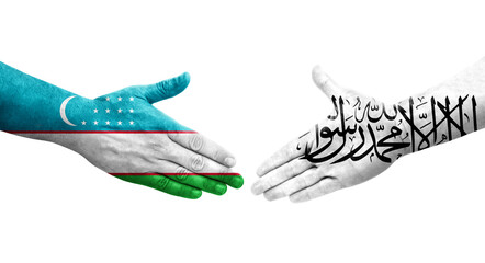 Handshake between Uzbekistan and Afghanistan flags painted on hands, isolated transparent image.