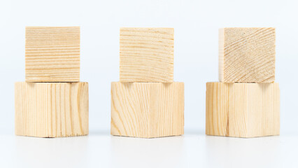 Wooden cubes for copy space for text isolated on white background. Blank area on wooden boxes for concept varieties. Writing on boxes concept.