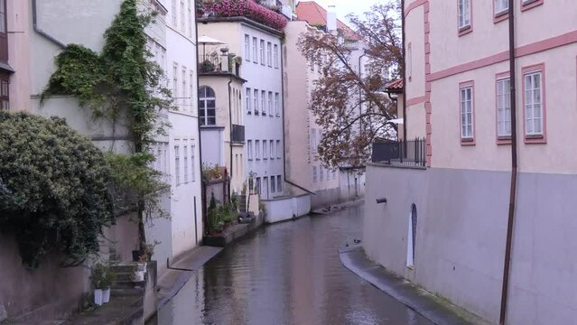 Chertovka River, also called the Devil`s Canal, little Prague. Venice between the islands of Kampa and Mala Strana in Prague