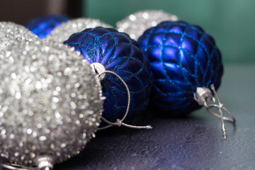 Blue and silver shiny ornaments Christmas balls