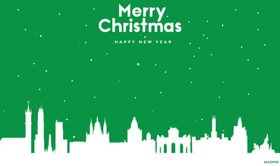 Christmas and New year green greeting card with white panorama of Madrid