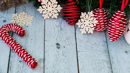 Hanging red balls on pine branches, Christmas and ornaments