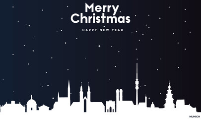 Christmas and New year dark blue greeting card with white panorama of Munich