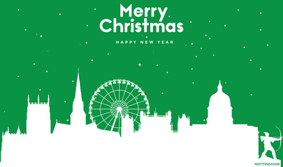 Christmas and New year green greeting card with white panorama of Nottingham