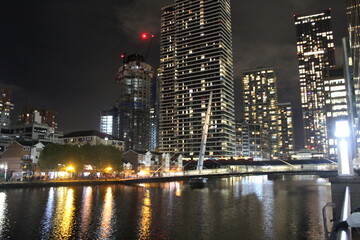Obraz premium Bridge at night with city skyline 