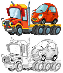 funny cartoon tow truck driver with other car