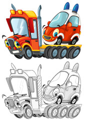 funny cartoon tow truck driver with other car