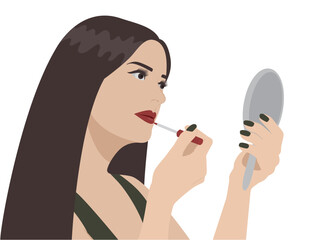 A beautiful brunette girl paints her lips and looks in the mirror. On a white background. Vector illustration