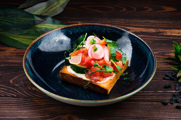 closeup toast with salmon, micro greens, avocado, open sandwich with fish, healthy snack