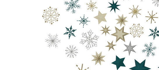 Banner with golden decoration. Festive border with falling glitter dust and stars.