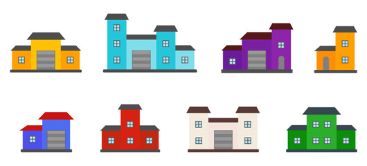 Houses exterior front view flat icon set. Residential townhouse building apartment. Home facade with doors and windows. Various shape urban suburban town house cottage isolated on white background