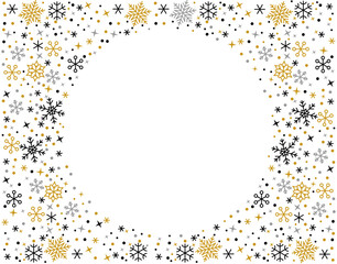 Snowflake black gold silver linear border. Copy space snow flakes round frame. Merry Christmas and New Year greeting card poster banner template. Winter ornate ice star background. Xmas letter decor