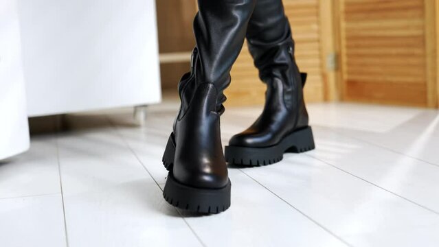 Stylish footwear shop trying concept. Indoor lady shoes showroom.