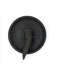 Unique traditional mortar and pestle, stone craft made for mashing seasoning purpose, Cobek and Munthu or Ulekan. Isolated on white background. Top view or flat lay.