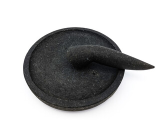 Unique traditional mortar and pestle, stone craft made for mashing seasoning purpose, Cobek and Munthu or Ulekan. Isolated on white background.