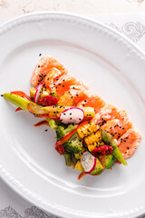 Steam salmon and vegetables, Paleo, keto, fodmap, dash diet. Mediterranean diet with fish. Healthy concept, gluten free, lectine free