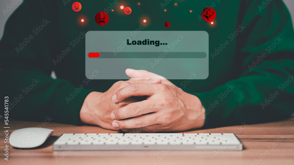 Poster Man using a computer keyboard to download and waiting to loading digital business data form website, concept of waiting for load of loading bar.