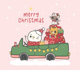 Cute Christmas cats riding in a red car, Winter road trip, kawaii cartoon doodle hand drawing illustration. Perfect for greeting cards, these festive felines capture the joy of the season.