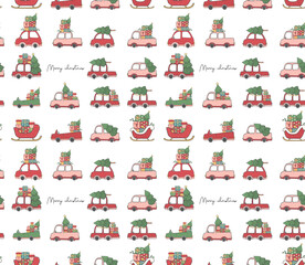cute Christmas car pattern seamless background doodle cartoon hand drawn collection vector illustration